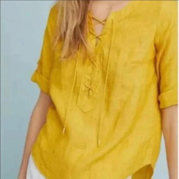 Maeve Anthropologie Linen Top, Size 6, Marva Mustard Yellow Gold Lace-up Neck - Picture 8 of 11